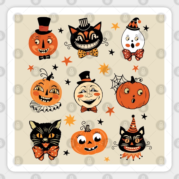 Vintage Halloween Folk Art Retro Pumpkins and Cats Magnet by PUFFYP